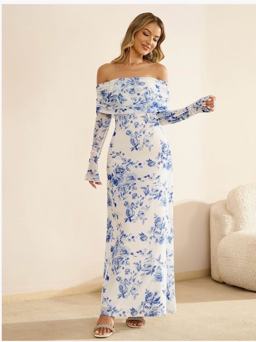 FA White Off-Shoulder Maxi Dress with Blue Floral Print